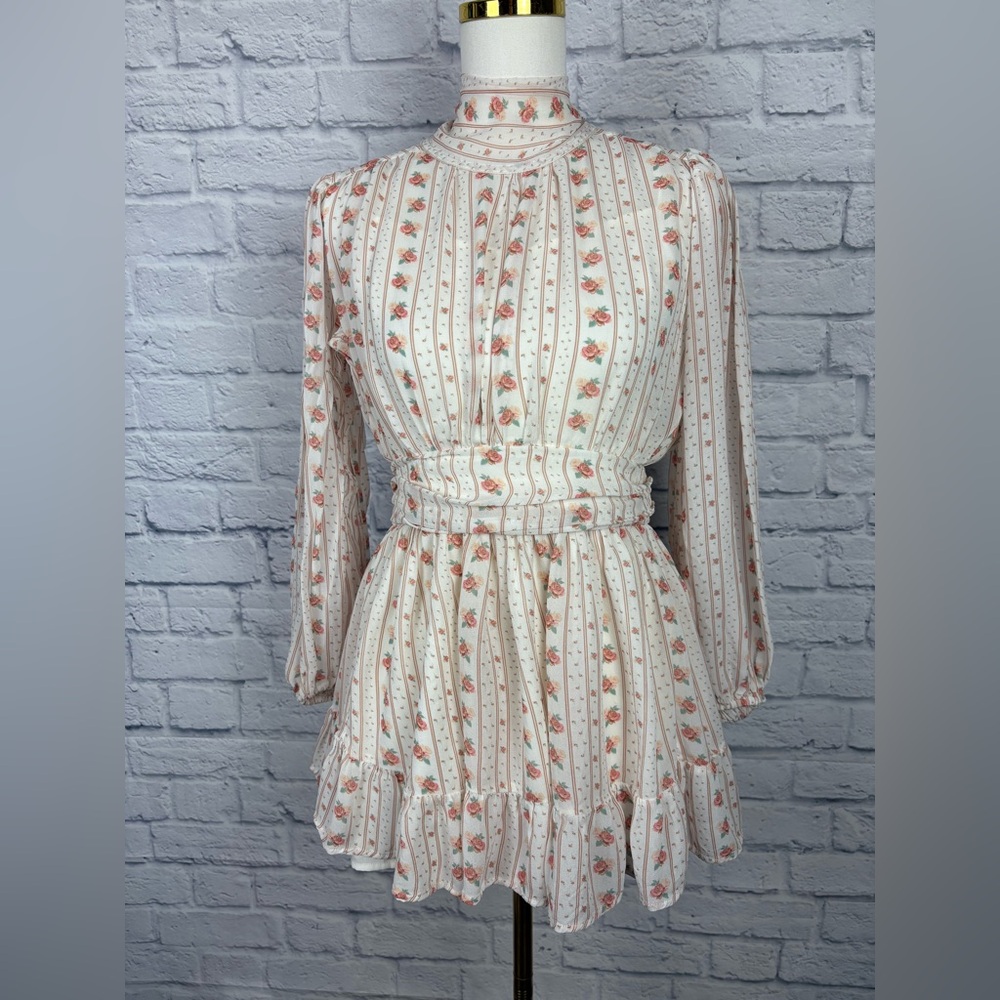 Anthropologie Let Me Be Pink Floral Combo Tie Mockneck Sheer Minidress  size XS - Picture 6 of 10